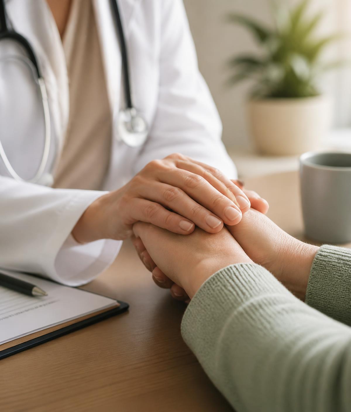 Mãos de médica acolhendo as mãos de uma paciente durante consulta