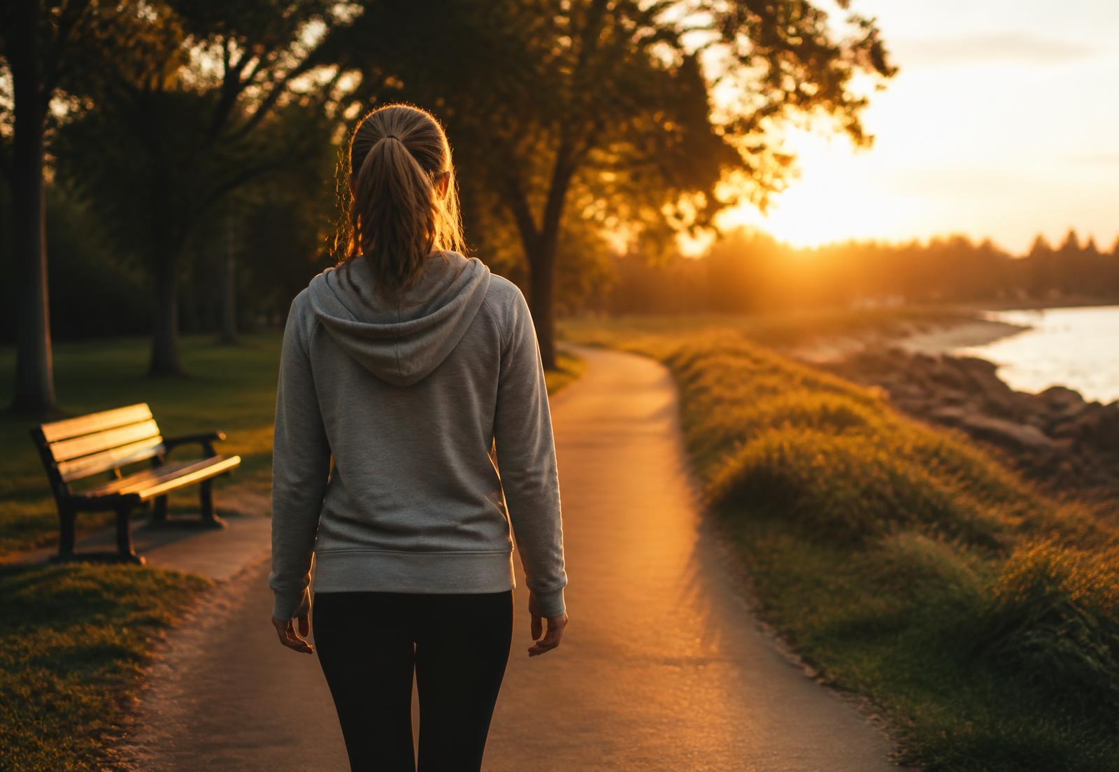 Pessoa caminhando ao ar livre no fim da tarde